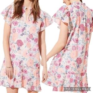 Ann Taylor LOFT Floral Flutter Sleeve Flounce Mini Dress in Peach - Size M